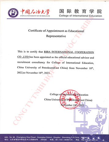 Giấy ủy quyền của Đại học Dầu Khí Trung Quốc với Riba